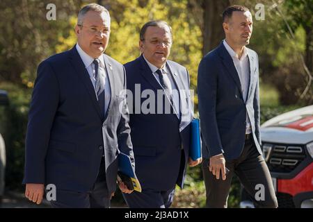 Bucharest, Romania - April 06, 2022: Romanian prime Minister Nicolae Ciuca announces his candidacy for the position of PNL president. Stock Photo