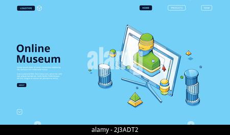 Online museum banner. Concept of virtual art gallery, digital exhibition. Vector landing page with isometric illustration of computer screen with digi Stock Vector