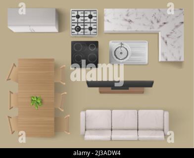 Interior items top view, living room and kitchen furniture and technics sofa, tv and table with chairs, sink, gas and electric oven and cupboard. Home Stock Vector