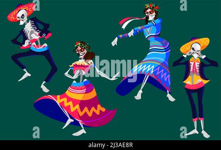 Mexican Day of the dead, Dia de los muertos skeletons characters dancing. Catrina or mariachi musicians sugar skulls decorated with floral elements. H Stock Vector