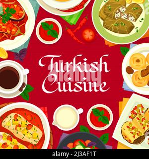 Turkish cuisine menu cover vector vegetable salad, baked fish in tomato sauce and red lentil bulgur soup. Data fruit dessert, stuffed eggplant, cabbage rolls, eggplant rolls with meat or Turkey coffee Stock Vector