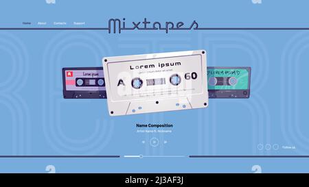 Mixtapes cartoon landing page, audio record player online interface or mobile application with retro cassettes, mix tapes disco, multimedia storage, s Stock Vector