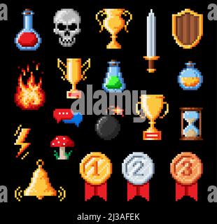 Retro pixel art vector icons of 8 bit game asset. Weapon, prize, medal and fire, timer, poison, skull and bomb icons, sword, trophy, shield, mushroom, potion interface icons or game ui objects Stock Vector