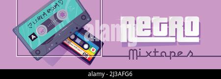 Retro mixtapes cartoon banner, audio record player online or mobile application with mix tapes cassettes. Disco, multimedia playing, service for liste Stock Vector