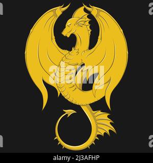 Western dragon vector design with wings, golden dragon with black background Stock Vector
