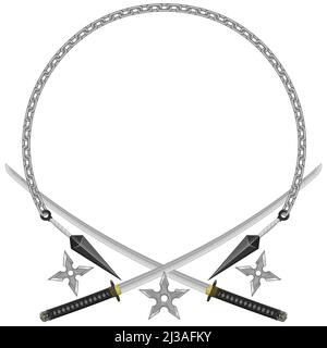 Vector Design of Japanese Ninja Assassin Weapons, Katana Shuriken and Kunai with Chain Stock Vector