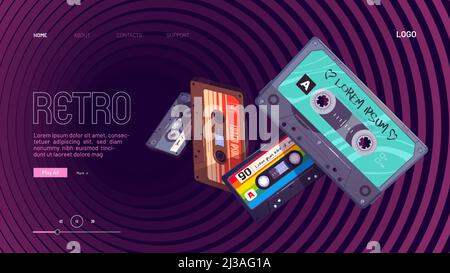 Retro mixtapes cartoon landing page with audio mix tapes falling into hypnotic pattern. Cassettes, media or music store ad in vintage style, analog mu Stock Vector