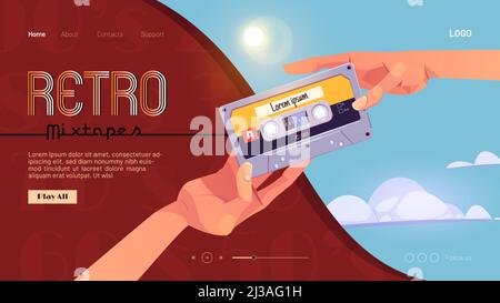 Retro mixtapes cartoon landing page with human hands giving audio cassettes to each other. Vector music collection of eighties or nineties ages. Mix t Stock Vector