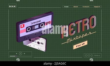 Retro mixtapes cartoon landing page, audio record player online interface or mobile application with mix tapes cassettes. Disco, multimedia playing, s Stock Vector