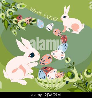 Happy Easter holiday and Hello spring concept in pastel colors cartoon style design with lettering for banner, greeting card. Easter bunnies collectin Stock Vector
