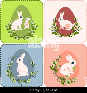 Happy Easter holiday and Hello spring concept in pastel colors cartoon style design. Four isolated vector greeting cards with Easter bunnies in decora Stock Vector