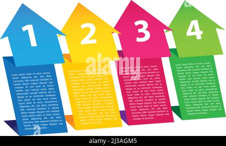 Layout design of folded paper in thick upward arrow shape in four vibrant colors and area for text copy. Vector illustration. Stock Vector