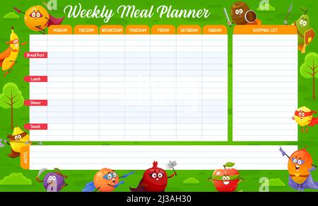 Weekly meal planner. Cartoon superhero animal characters diet food plan ...