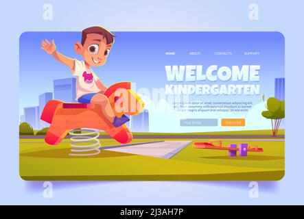 Welcome to kindergarten cartoon landing page. Little kid rocking wooden horse on summer playground. Area for children with swing and green plants. Hap Stock Vector