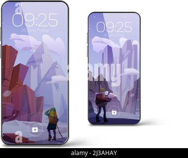 Smartphone with screensaver wallpaper with winter mountain landscape and hiker. Vector realistic set of mobile phones with cartoon background with roc Stock Vector