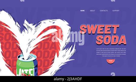 Sweet soda banner. Website design of fizzy drink with fruit juice. Vector landing page with flat illustration of watermelon beverage in aluminium can Stock Vector