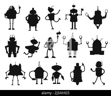 Robots and droids silhouettes of artificial intelligence toys. Isolated vector black robots, bots, droids and cyborgs with antennas on heads, spring legs, wheels and manipulator arms, AI technologies Stock Vector