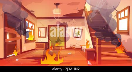 Old abandoned house on fire. Flame and black smoke clouds inside home. Vector cartoon interior of burning home hallway with dirty walls, boarded up do Stock Vector