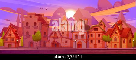 Medieval german street with half-timbered houses at sunset. Traditional european buildings in old town or village at evening. Vector cartoon landscape Stock Vector