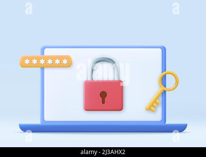 Personal data security. Laptop screen with lock. 3D Stock Vector