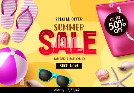 Summer sale vector banner design. Summer sale special offer discount text for tropical season promotion background. Vector illustration. Stock Vector