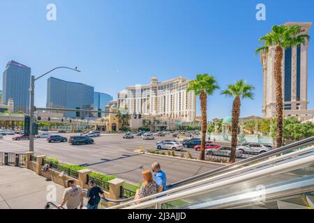 Las Vegas, Nevada, USA - October 1, 2021   Caesars Palace and Bellagio Hotel and Casino in Las Vegas Strip. Street view, architecture, people, sunny d Stock Photo