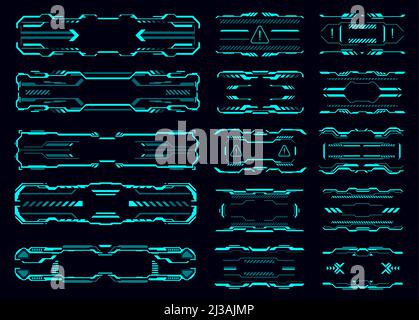 HUD interface neon frames and borders, signs and info boxes, vector callout titles. HUD and Sci Fi tech screen elements, futuristic technology text bo Stock Vector