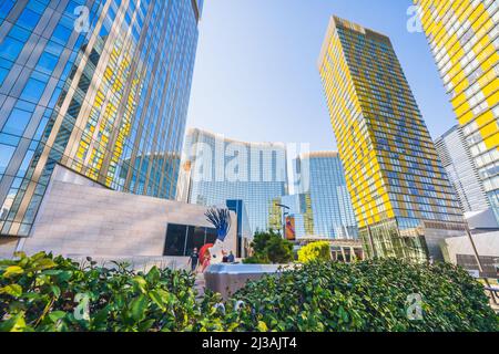 Las Vegas, Nevada, USA - October 1, 2021    Luxury Mandarin Oriental Residences, and Aria Resort and Casino in Downtown Las Vegas. Modern architecture Stock Photo