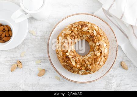 French almond cake with nuts. Top view, overhead Stock Photo