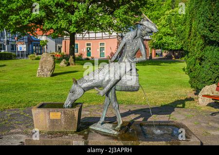 Muenchhausen Fountain, The Half Horse, Baron von Muenchhausen, Muenchhausenstadt Bodenwerder, Lower Saxony, Germany Stock Photo