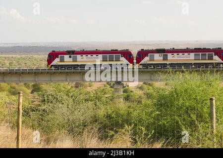 Nairobi - Mombasa Standard Gauge Cargo Train passing through Nairobi National Park, Kenya Stock Photo