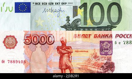 Russian rouble banknote and european euro banknote for trade and ...