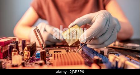 Engineer repairman holding hands in black gloves chip processor, CPU to insert into the socket of the computer motherboard. The concept of technology Stock Photo