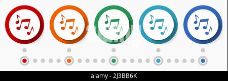 Music, concert concept vector icon set, infographic template, flat design colorful web buttons in 5 color options Stock Vector