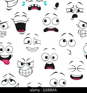 Smile face pattern of seamless funny emoticons and happy emoji, vector background. Smiles cute characters pattern of cartoon kawaii emoticons in laugh or scared, surprise and sad with mouth and tongue Stock Vector