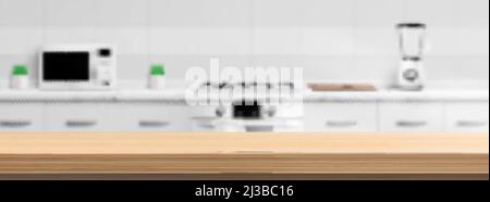 Wooden counter top on kitchen blur background with microwave oven, gas stove, blender and cutting board. Defocused backdrop, 3d design visualization w Stock Vector