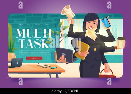 Cartoon confident multitasking businesswoman with many hands doing ...