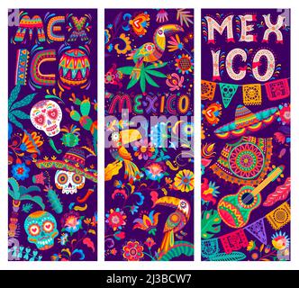 Mexican banners with calavera skulls, toucans, flowers and guitars, vector sombrero and poncho. Mexico holiday or fiesta party background with papel picado or alebrije chili pepper, maracas and cactus Stock Vector