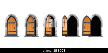 Cartoon castle open gate or door, vector motion animation of medieval palace entrance. Castle or house wooden arch gates to animate for opening and closing, old stone doorway or wood gateway Stock Vector