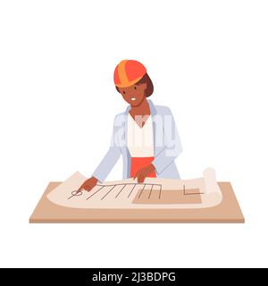 Engineer reading draft sketch, female construction worker standing with paper plan Stock Vector