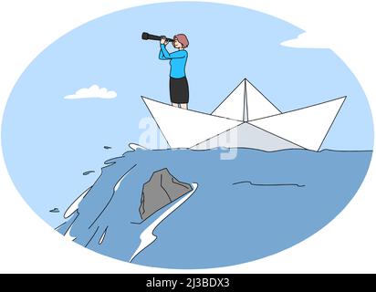 Businesswoman with spyglass in paper ship going to financial crisis or failure. Female employee or worker having problems with finances and career. Bankruptcy and risk. Vector illustration.  Stock Vector