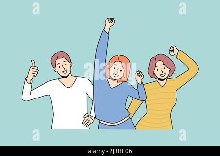 Happy diverse young people feel joyful dancing relaxing together. Smiling millennial friends have fun enjoy party or celebration laughing and joking. Flat vector illustration, cartoon character.  Stock Vector