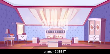 Bedroom interior in shabby chic style on attic. Vector cartoon mansard sleeping room with bed, window in roof, wardrobe with rose pattern and dressing Stock Vector