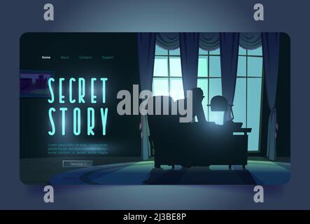 Secret story tour banner with spy investigates in night office. Adventure detective game in noir style. Vector landing page with cartoon illustration Stock Vector