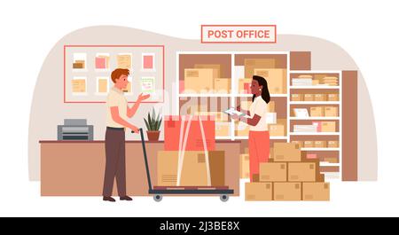 Postal worker moving cardboard boxes from trolley in post office, postman carrying cart Stock Vector