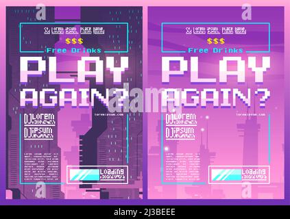 Play again pixel art posters for night or gaming club event with neon ultraviolet futuristic buildings and loading slider. Free drinks promotion. Retr Stock Vector