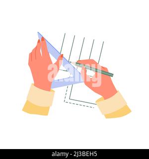 Hands of engineer working on blueprint, architect or project designer drawing scheme Stock Vector