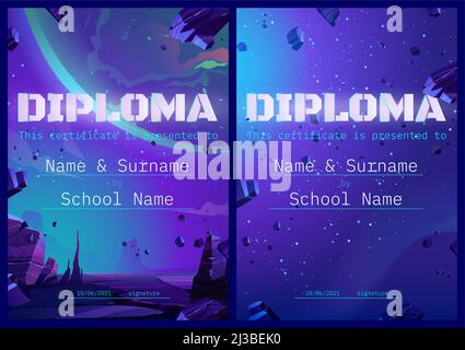 School diploma with alien planet in space. Kids certificate with futuristic landscape and asteroids in deep cosmos, galaxy starry sky. Scientific disc Stock Vector