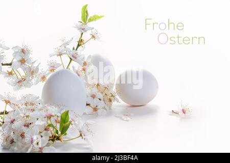 Three eggs and a branch of wild flowers on a white background germen text Frohe Ostern, meaning Happy Easter, holiday greeting card, copy space, selec Stock Photo