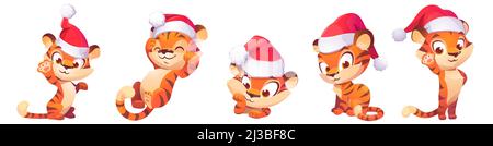 Cute baby tiger character in Christmas hat in different poses isolated on white background. Vector set of cartoon funny kitten in red Santa Claus cap Stock Vector